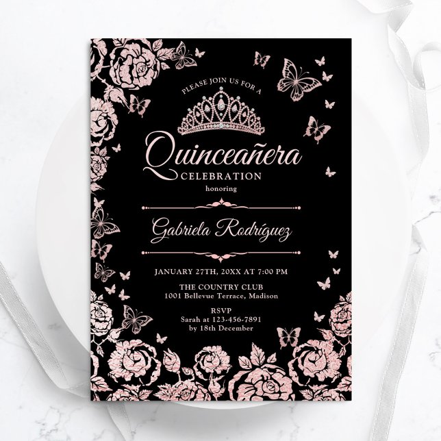 Black Rose Gold Roses Butterflies Quinceanera Invitation (Creator Uploaded)