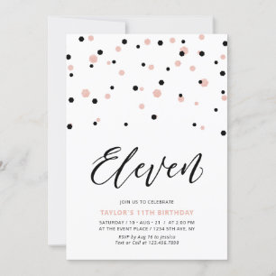 Black & Rose Gold Simple 11th Teen Birthday Party Invitation