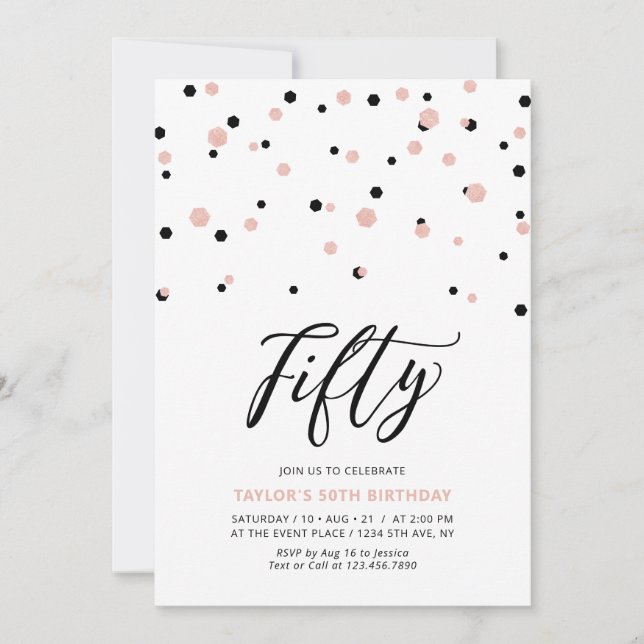Black & Rose Gold Simple Fifty 50th Birthday Party Invitation (Front)