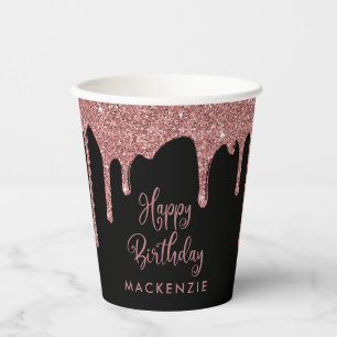 Black Rose Gold Sparkle Glitter Drips Birthday Paper Cups