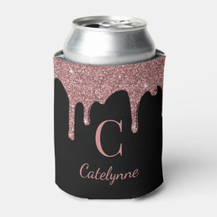 Black Rose Gold Sparkle Glitter Drips Monogram Can Cooler