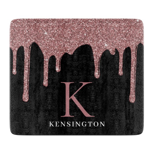 Black Rose Gold Sparkle Glitter Drips Monogram Cutting Board (Front)