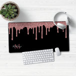 Black Rose Gold Sparkle Glitter Drips Monogram Desk Mat<br><div class="desc">Girly Black and Rose Gold Sparkle Glitter Drips Monogram Mouse Pad Desk Mat with our trendy faux glitter drips in blush pink/rose gold on a chic black background. Please contact us at cedarandstring@gmail.com if you need assistance with the design or matching products.</div>
