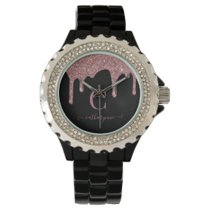 Black Rose Gold Sparkle Glitter Drips Monogram Watch