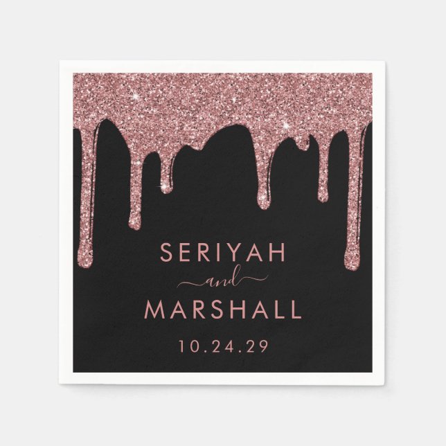 Black Rose Gold Sparkle Glitter Drips Wedding Napkin (Front)