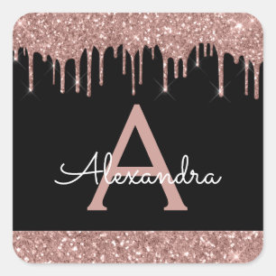 Black Rose Gold Sparkle Glitter Monogram Square Sticker