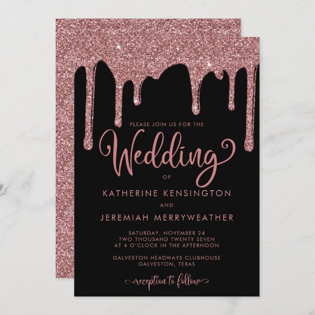 Black Rose Gold Sparkle Glitter Wedding Invitation (Front/Back)