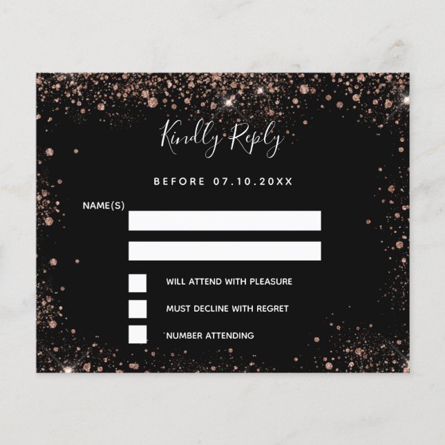Black rose gold sparkles budget wedding RSVP Flyer (Front)