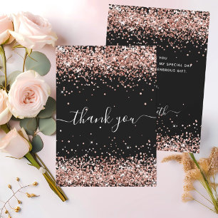 Black rose gold sparkles script thank you card