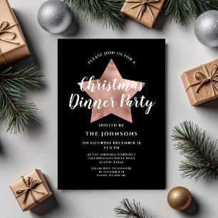 Black Rose Gold Star Christmas Dinner Party Invitation