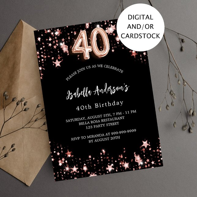 Black rose gold stars 40th birthday invitation (Creator Uploaded)