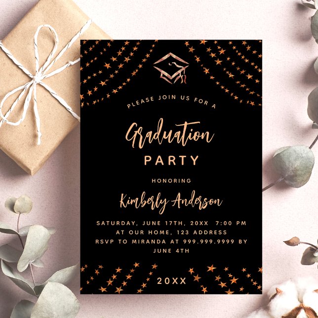 Black rose gold stars luxury graduation party invitation (Creator Uploaded)