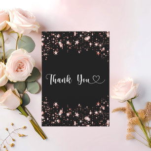 Black rose gold stars script thank you card