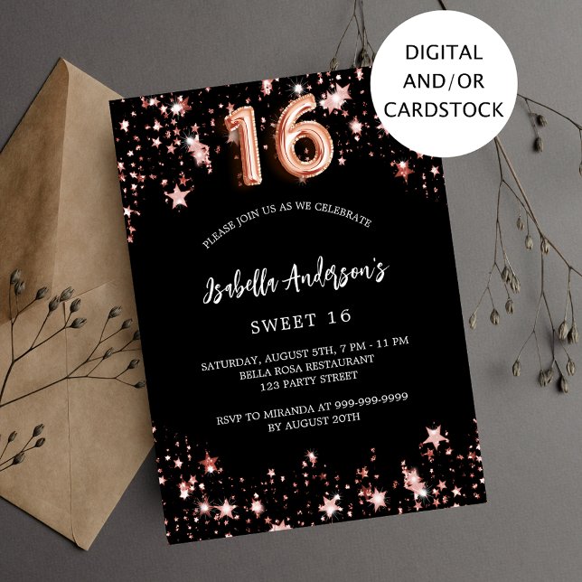 Black rose gold stars Sweet 16 Invitation (Creator Uploaded)