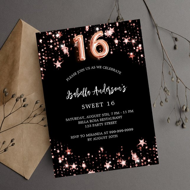 Black rose gold stars Sweet 16 Invitation Postcard (Creator Uploaded)