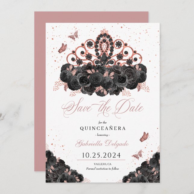 Black & Rose Gold Tiara Save The Date Quinceañera Invitation (Front/Back)