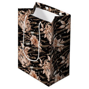 Black Rose Gold Tiger Floral Medium Gift Bag