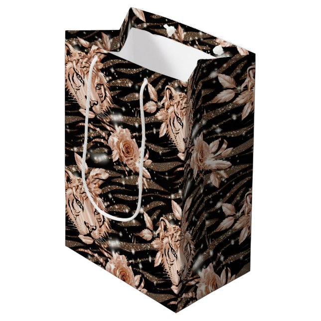 Black Rose Gold Tiger Floral Medium Gift Bag (Front Angled)
