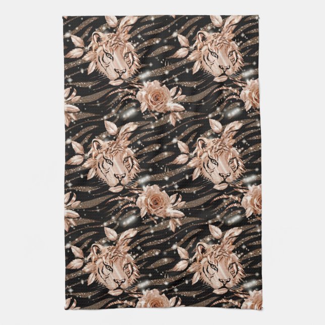 Black Rose Gold Tiger Floral Tea Towel (Vertical)