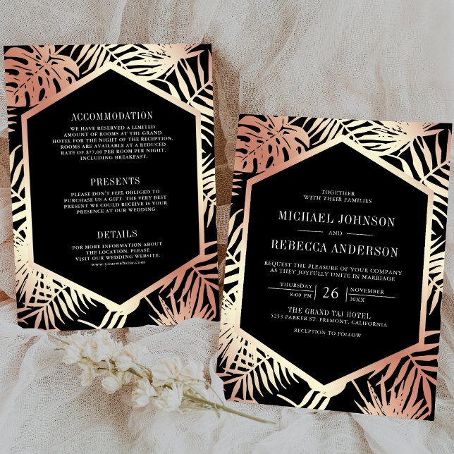 Black Rose Gold Tropical Palm All in One Wedding Invitation (Creator Uploaded)