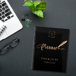 Black rose gold typography business logo 2024 planner<br><div class="desc">A chic black background,  decorated with a feather pen.  Personalise and add your business,  company logo,  name and year.  Golden text: Planner</div>