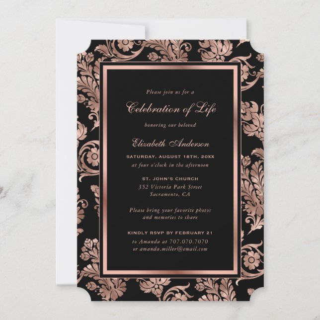 Black Rose Gold Vintage Celebration of Life Invitation (Front)