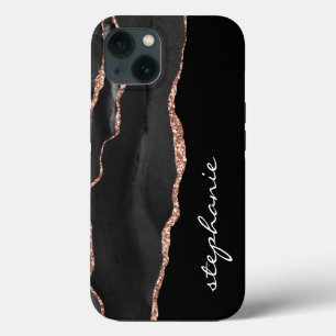 Black Rose Gold Watercolor Agate Personalised iPhone 13 Case