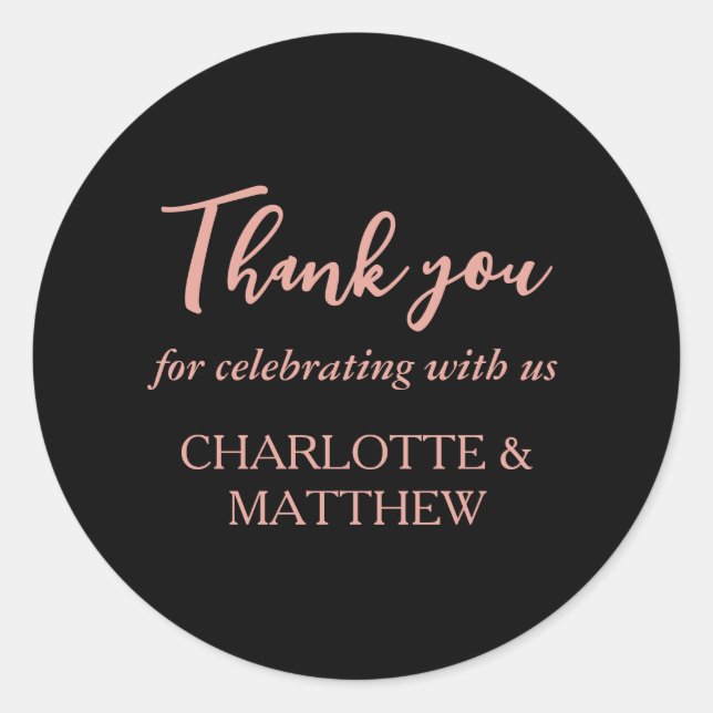 Black & Rose Gold Wedding Classic Round Sticker (Front)