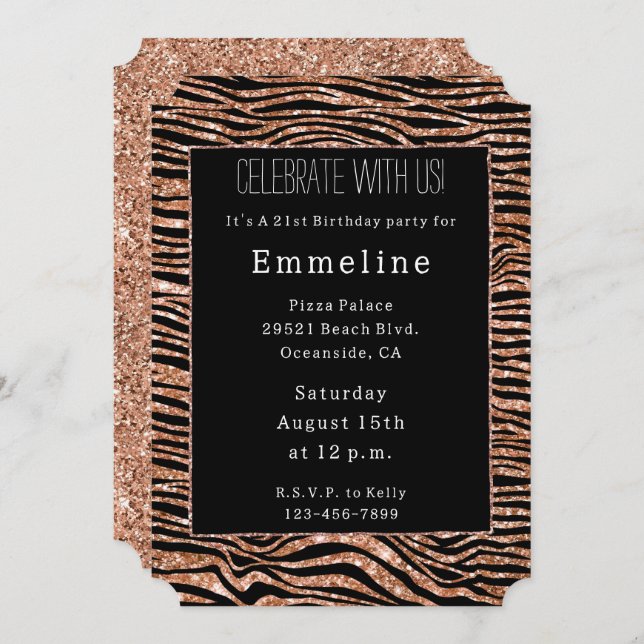 Black Rose Gold Zebra Glitter Invitation (Front/Back)