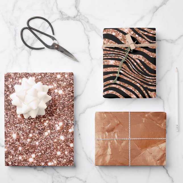 Black Rose Gold Zebra Glitter Wrapping Paper Sheet (Front)