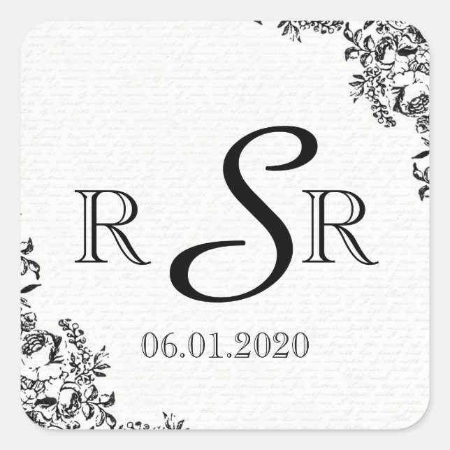 Black Rose Love Letter Wedding Monogram Square Sticker (Front)