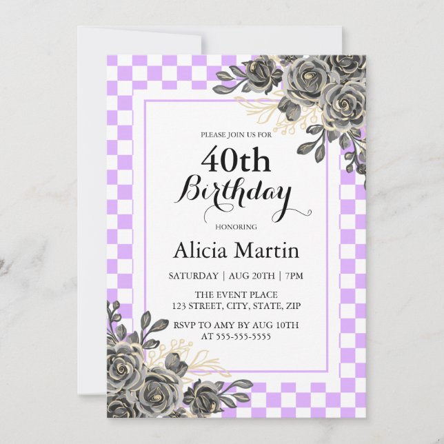Black Rose Mauve & White Chequered Birthday  Invitation (Front)
