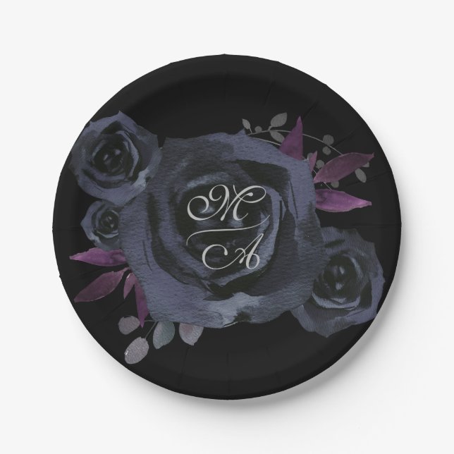 Black Rose Monogram Paper Plate (Front)