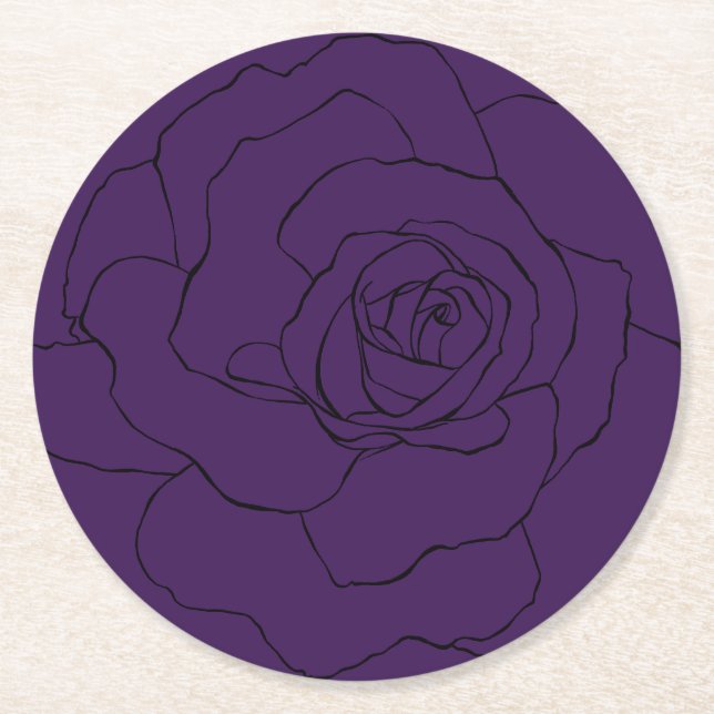 Black Rose on Purple Round Paper Coaster (Front)