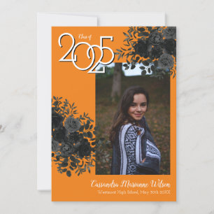 Black Rose Orange School Colours Graduation Invitation