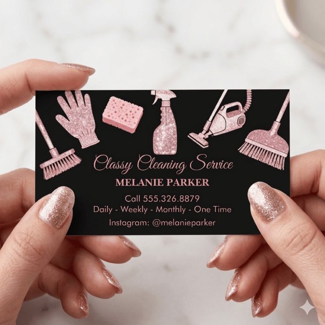Black & Rose pink Glitter Classy Cleaning Services Business Card (Creator Uploaded)