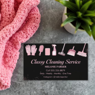 Black & Rose pink Glitter Classy Cleaning Services Business Card