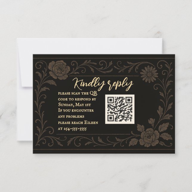 Black Rose QR Code Wedding RSVP Card (Front)