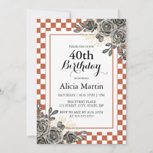 Black Rose Rust & White Chequered Birthday  Invitation