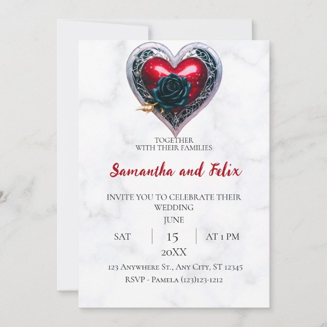 Black Rose Silver Heart Marble Wedding Invitation (Front)