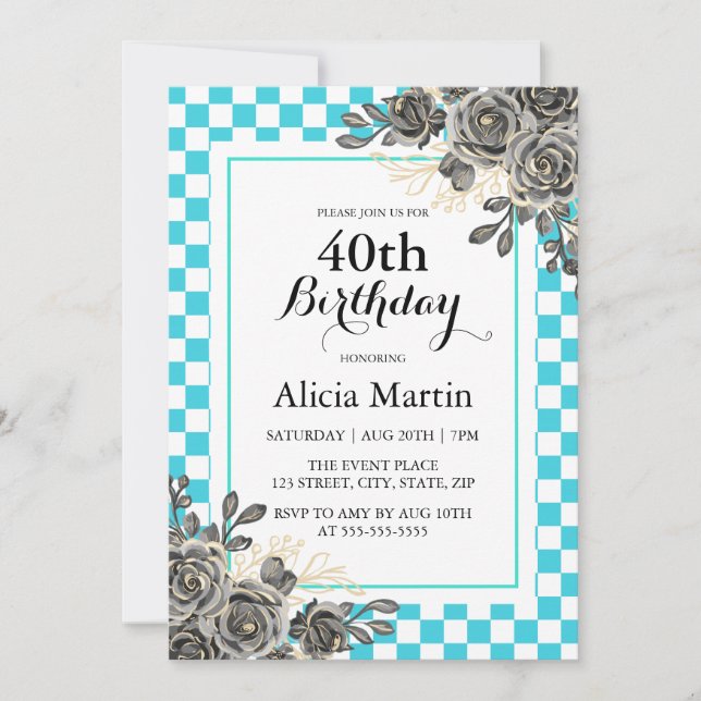 Black Rose Turquoise & White Chequered Birthday  Invitation (Front)