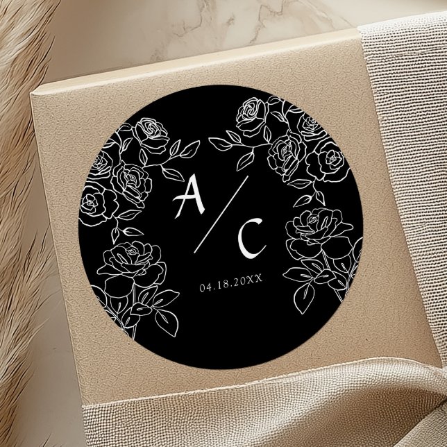 Black Rose Wedding Monogram Romantic Initials Classic Round Sticker (Creator Uploaded)