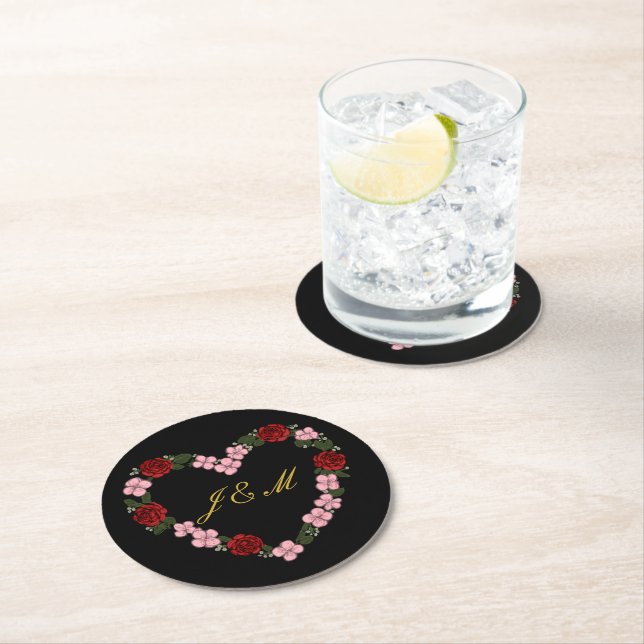 black rose wedding round paper coaster (Insitu)