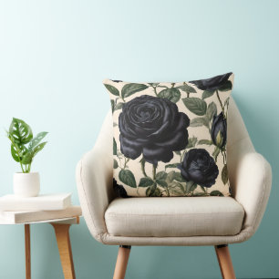 Black Roses And Green Leaves, Cushion