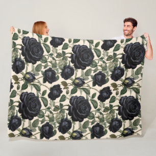 Black Roses And Green Leaves, Fleece Blanket
