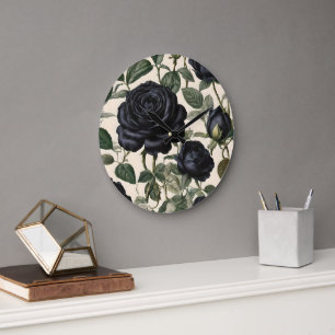 Black Roses And Green Leaves, Large Clock