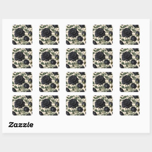 Black Roses And Green Leaves, Square Sticker