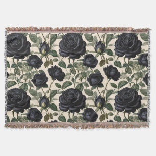 Black Roses And Green Leaves, Throw Blanket