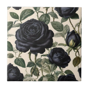 Black Roses And Green Leaves, Tile