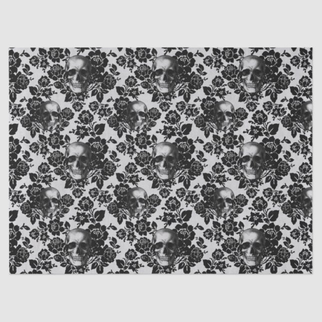 Black Roses and Skulls on White Decoupage Tissue Paper (Front)